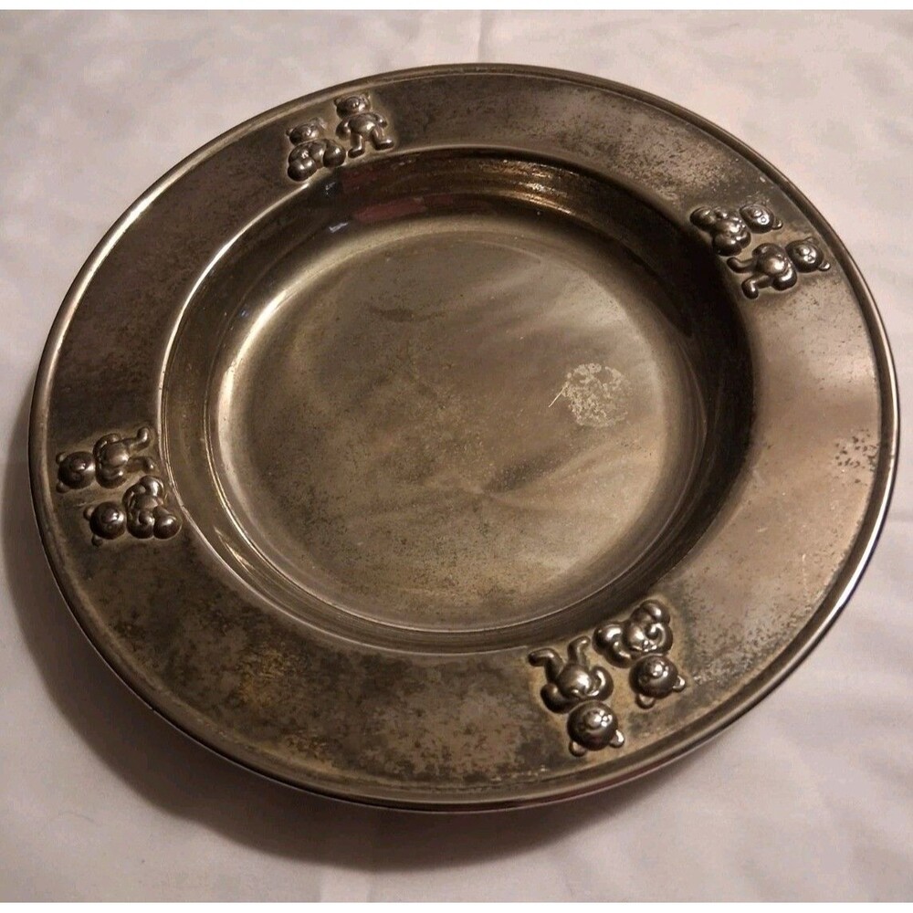 GODINGER  silver plated childs  plate bowl  with teddy bears Vintage